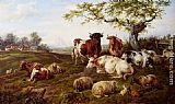 Charles Jones Resting Cattle, Sheep And Deer, A Farm Beyond painting